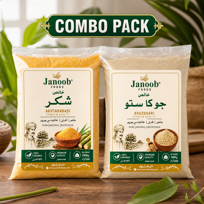 Janoob Foods organic combo pack — khaalis shakkar and jau ka sattu 500g each, South Punjab Pakistan